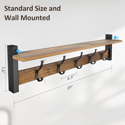 Optish Coat Rack Wall Mount with Shelf, 29 Inch Coat Hanger Walls Mounted, Hat Rack for Walls, Shelf with 5 Coat Hooks, Wall Hanger for Entryway (Brown) - Image 7