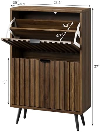 Smuxee Shoe Cabinet with 2 Flip Drawers, 23.6" Walnut Hidden Shoe Storage Cabinet with Fluted Design, Freestanding Shoe Organizer Cabinet for Entryway, Hallway, Closet, Living Room - Image 2