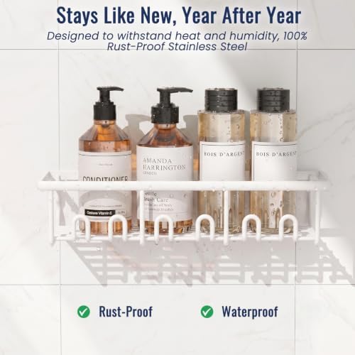 8 Pack Adhesive Rustproof Shower Caddy with Soap Dishes, Toothbrush Holder & Hooks, Large Capacity No-Drilling Shower Shelves Rack for Bathroom Organizers and Storage Accessories, White - Image 2
