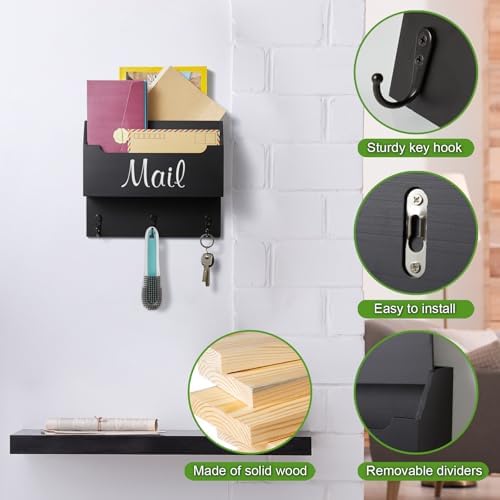 DRASTAR Mail Organizer Wall Mounted, Wooden Mail Sorter & Key Holder for Wall, Hanging Mail Organizer, Black Mail Basket for Home Office - Image 4