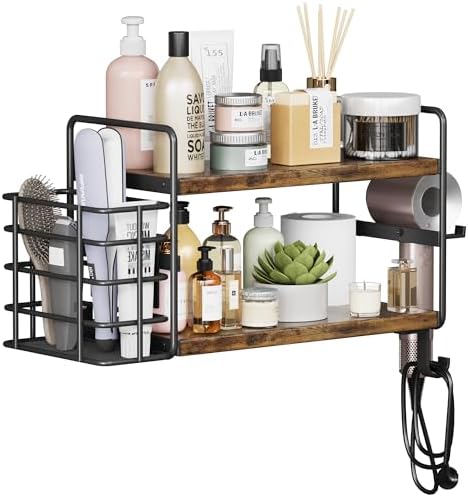 3-in-1 Wall Mounted Hair Dryer Holder with 2 Tier Shelves & Detachable Basket, Space Saving Organizer for Bathroom, Kitchen, Bedroom, Rust-Resistant, Easy Install (Rustic Brown) - Image 2