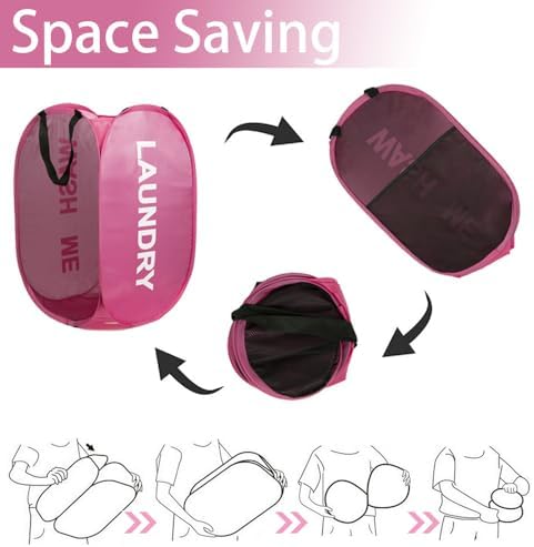 Pop Up Laundry Hamper Collapsible Laundry Basket Mesh Foldable Pink Dirty Clothes Hamper with Handles for Home, Bathroom, Bedroom, Travel, Cruise - Image 5