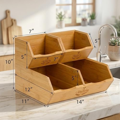 Stackable Bamboo Pantry Storage Bins, Potato Onion Storage Organizer, 3-Tier Fruit and Vegetable Basket with Easy Access Design, Countertop Pantry Organizer for Kitchen Storage and Organization - Image 3