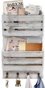 Mail Organizer Wall Mount with 4 Key Hooks, Rustic Wooden Hanging Mail Sorter Farmhouse Key Holder for Wall Decoration, 2-Slot Wall File and Magazines Bill Letter Holder by SWALLOW+BRAND