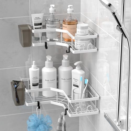 AKTECKE Shower Caddy Corner Organizer Shelf: 2Pack Adhesive Shower Essentials Accessories - No-Drilling Stainless Steel Bathroom Storage Rack with Hooks by AKTECKE