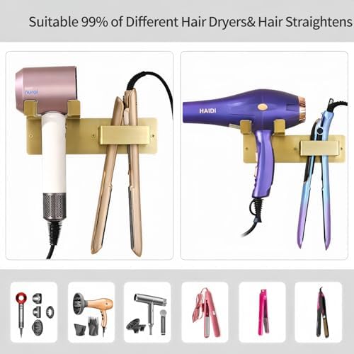Hair Dryer and Straightener Holder, Stainless Steel Hair Dryer Stand for Bathroom, Hair Dryer Holder Wall Mounted Adhesive or Drilling, Hair Tool Organizer for Salon Barber Shops Gold BANJEKT - Image 2
