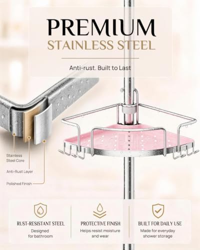 ALLZONE Corner Shower Caddy Tension Pole, 4 Hang-On Basket with Mixed-Height Shelves for Various Bottle Sizes, Extra Hooks & Soap Holder, Rustproof Stainless Steel, Fits 34–116 Inch, Silver/Pink - Image 7