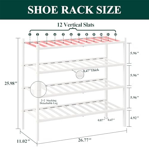 Smiry Bamboo Shoe Rack, 12 Vertical Slats, 4 Tier - 26.8" Wide, White - Image 2