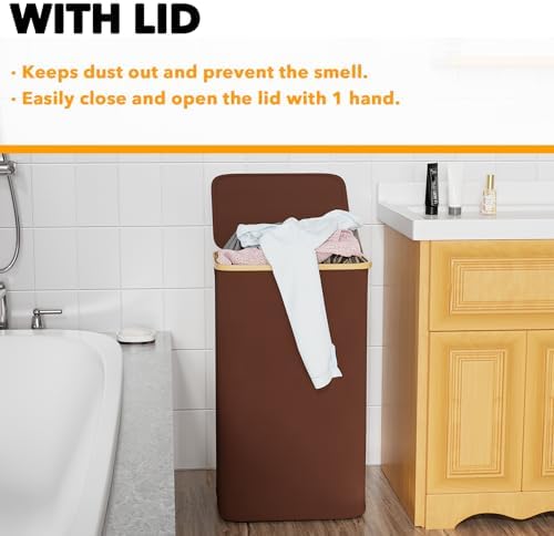 SpaceAid Laundry Hamper with Lid, 110L Large Tall Clothes Basket Bin with Bamboo Handles, Collapsible Laundry Hamper for Bedroom, Bathroom, Dorm, Laundry Room - Brown - Image 5