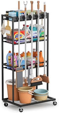 Olakee Taller Broom Holder with Cleaning Supplies Organizer, Broom Closet Storage Cabinet with Mop Hanger Gripper Rack Hooks, Housekeeping Janitorial Cart with Cleaning Caddy, Garage Home Improvement by Olakee