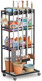 Olakee Taller Broom Holder with Cleaning Supplies Organizer, Broom Closet Storage Cabinet with Mop Hanger Gripper Rack Hooks, Housekeeping Janitorial Cart with Cleaning Caddy, Garage Home Improvement by Olakee