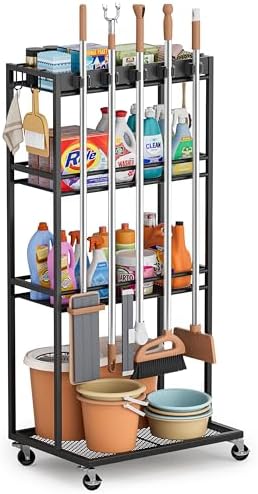 Olakee Taller Broom Holder with Cleaning Supplies Organizer, Broom Closet Storage Cabinet with Mop Hanger Gripper Rack Hooks, Housekeeping Janitorial Cart with Cleaning Caddy, Garage Home Improvement by Olakee
