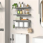 Floating Bathroom Shelves Wall Mounted - Wooden Shelf Set of 3 for Over Toilet Storage & Modern Bathroom Decor - Perfect Wall Shelving Organizer for Apartments RVs Powder Rooms Restroom - Grey - Image 2
