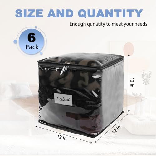 Clear Zippered Plastic Clothes Storage Bags, 6 Pack, Black | Clear Storage Bags with Zipper Plastic Storage Bags for Clothes Sweaters Blankets Sheets, Size: 12 x 12 x 12 Inch - Image 2