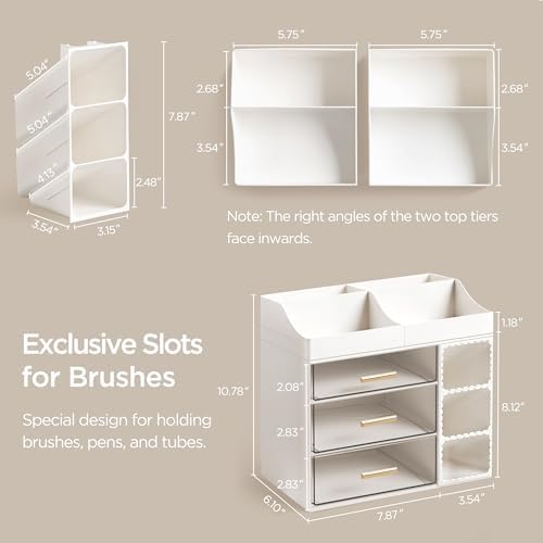 HBlife Makeup Organizer Countertop with Brush Holder, Large Bathroom Counter Organizer with Drawers, Skincare Organizers for Vanity, Plastic Dresser Organizer Storage Gift for Women Girl Mom, White - Image 3