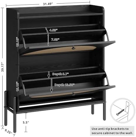 IRONCK Rattan Shoe Cabinet Storage with 2 Flip Drawers, Black - Image 3