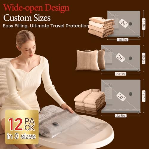 Vacbird 12 Pack Vacuum Bags for Travel with Rechargeable air Pump, Carry-on Size Vacuum Seal Bags for Luggage and Suitcase Compression, Space Saver for Clothes and Clothing Travel | See Contents Easily with Transparent Bags, 1500mAh Pump Compresses 90+... - Image 3