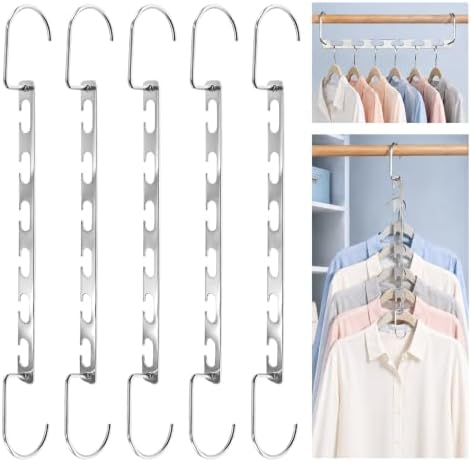5 Packs Vertical & Horizontal Hangers, Sturdy Stainless Steel Space-saving Hangers with 6 U-Shaped Holes, Heavy Duty Clothes Hooks for Heavy Coats, Metal Closet Organizers and Storage for Wardrobe by Unknown
