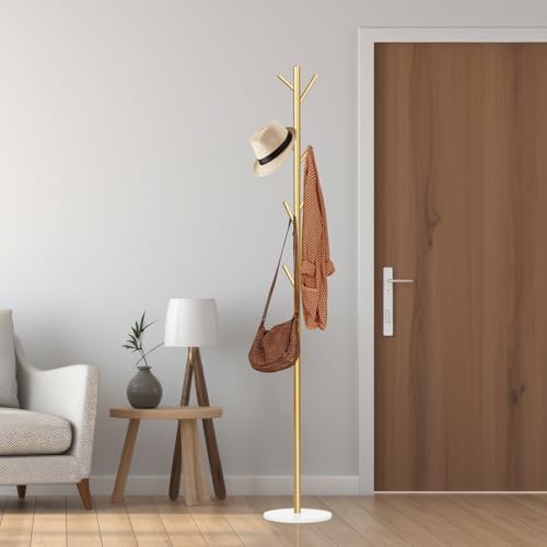 Coat Rack, Metal Freestanding Coat Rack with 8 Hooks, Sturdy Coat Tree with Natural Marble Base for Coats, Hats, Scarves and Handbags for Entryway, Hallway, Bedroom, Office,Dorm (Gold) - Image 4