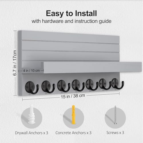 Lwenki Key Holder Wall Mount, Entryway Key and Mail Holder with 7 Sturdy Hooks for Sunglasses, Dog Leash, Decorative Wall Shelf with Mounting Hardware, 15”W x 6.7”H x 4.2”D (Gray) - Image 2