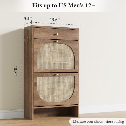 Nicetree Shoe Cabinet for Entryway, Slim Shoe Rack with 2 Flip Drawers and Top Storage Drawer, Narrow Shoe Organizer with Printed Rattan-Look Design, Entryway Shoe Storage for Size 12+ Shoes, Caramel - Image 2