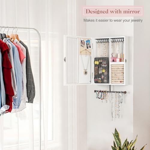 Keebofly Wall Jewelry Organizer Cabinet with Mirror,Rustic Wood Storage for Necklaces, Earrings, Bracelets & Rings, Large-Capacity Hanging Cabinet – White - Image 3