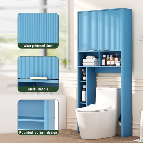 AKMAKM 31" W Over the Toilet Storage Cabinet with Fluted Door, Blue Bathroom Organizer with Adjustable Shelf, Toilet Paper Holder Stand Wave Door for Restroom, Laundry Room - Image 4