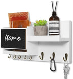 Decorative Key Hanging Rack with 8 Hooks – Easy Install Natural Wooden Key and Mail Holder for Wall Mount – Sunglasses Wallet Holder Entryway Decor with Shelf and Chalkboard (White) by WeBravery