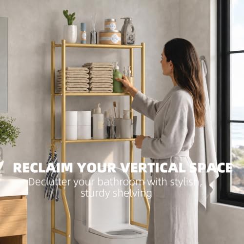 GloTika 3-Tier Over Toilet Storage, Anti-Tilt, 64" H, Gold - Image 2