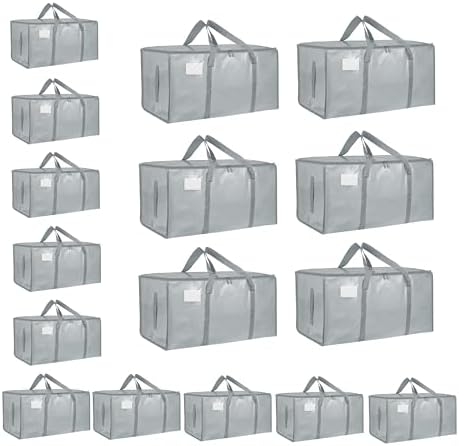 16 Pack-Extra Large Heavy Duty Moving Bags - Waterproof Storage Totes with Handles & Zippers, Foldable for College Dorm, Storage (light gray) by Unknown