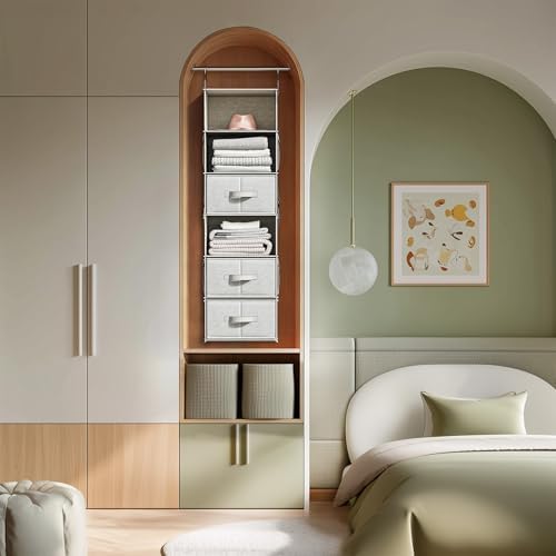 6-Shelf Hanging Closet Organizer with 3 Fabric Drawers, Silver Gray | Removable Fabric Drawers, Side Pockets, Reinforced Structure, Space-Saving Storage for Clothes, Nursery and Dorm Rooms - Image 2