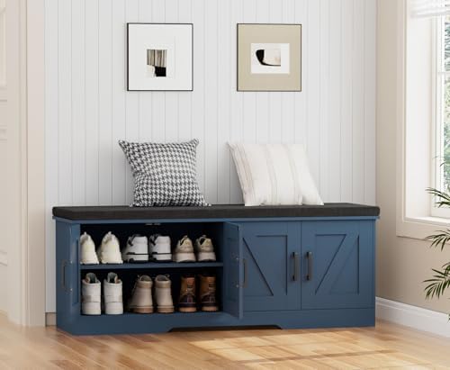 HOMSHO Farmhouse Shoe Storage Bench with 4 Barn Doors & Padded Seat Cushion - Image 7