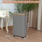 Slim Laundry Basket with Wheels,Narrow Hampers for Laundry, Laundry Hamper with Lid&Bamboo Handles,Dirty Clothes Hamper for for Bathroom Bedroom Dorm, 60L Grey - Image 3