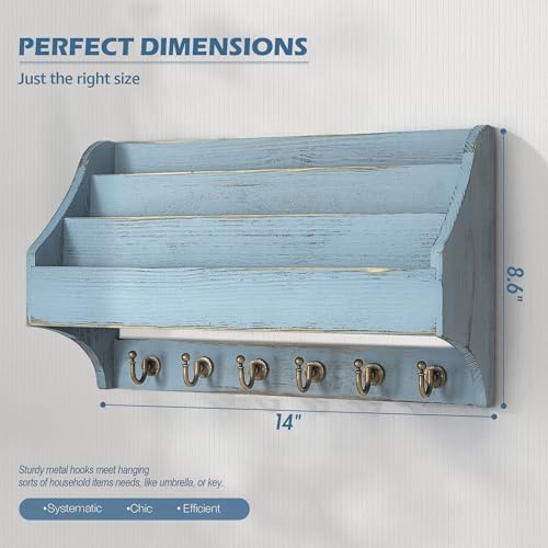 Rebee Vision Mail Organizer Wall Mounted with 6 Key Hooks for Home, Blue - Image 2