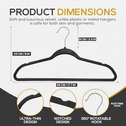 Techzoo 50 Pack New Premium Quality Velvet Hangers Ultra Thin Non Slip Adult Felt Space Saving Hangers for Closet Heavy Duty Coat Pants Jackets Dress Hangers 360° Swivel Hook Hold Upto 10 lbs Black - Image 2