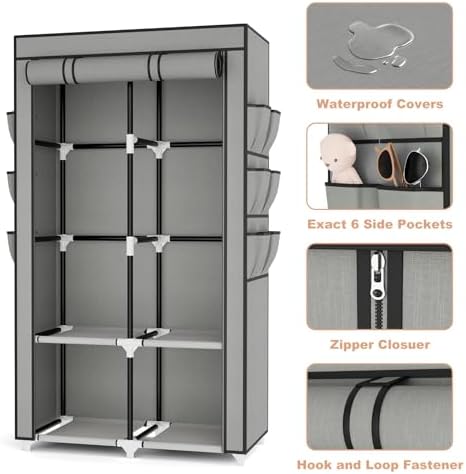 VTRIN Portable Closet Wardrobe for Hanging Clothes with 4 Storage Shelves, 2 Hanging Rods and 6 Pockets, Stable and Easy Assembly Clothes Rack with Cover Free Standing Closet for Bedroom, Grey - Image 4