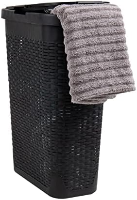 Mind Reader Slim Laundry Hamper with Lid, 40L Clothes Basket, Narrow Tapered Design with Ventilated Cutout Pattern, Plastic, Black by MindReader