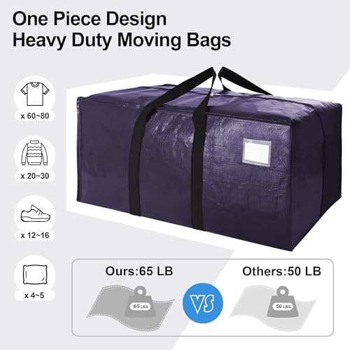 VELVETSURE Heavy Duty Extra Large Moving Bags W/Backpack Straps - Strong Handles & Zippers, Storage Totes For Space Saving, Fold Flat, Alternative to Moving Box and Storage Bin (Set of 6, Blue) - Image 5