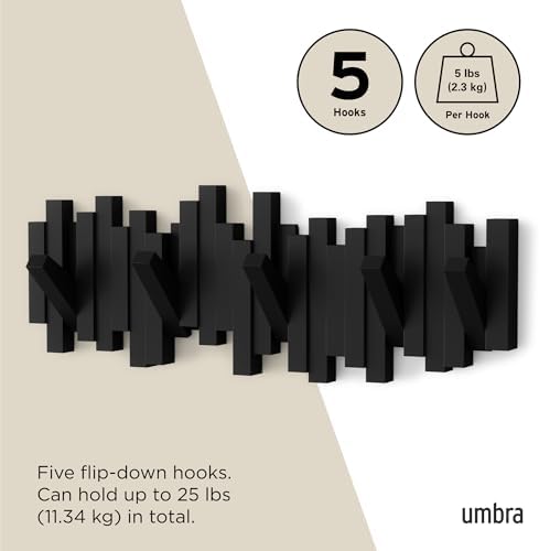 Umbra Sticks Wall Mount Coat Rack, 5 Hook Retractable Pegs, Black - Image 5