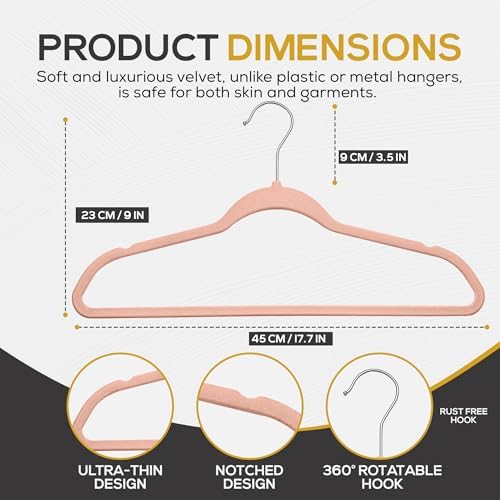 Techzoo 50 Pack New Premium Quality Velvet Hangers Ultra Thin Non Slip Adult Felt Space Saving Hangers for Closet Heavy Duty Coat Pants Jackets Dress Hangers 360° Swivel Hook Hold Upto 10lbs Rose Gold - Image 2