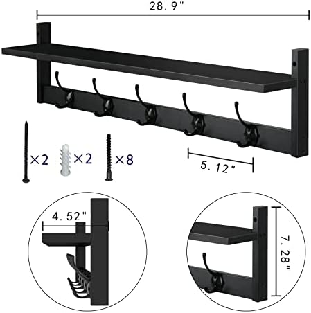 AMBIRD Wall Hooks with Shelf Entryway Hanging Wood Coat Hooks with Shelf Wall-Mounted Coat Hook Rack with 5 Dual Hooks for Bathroom, Living Room, Bedroom (Stylish Black) - Image 6