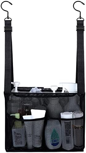 4 Storage Pockets Adjustable Hanging Mesh Bathroom Bag, Shower Caddy College with Hooks, Applied to College Dorm Rooms, Gym, Swimming and RV Travel (Black) by GUMQDD