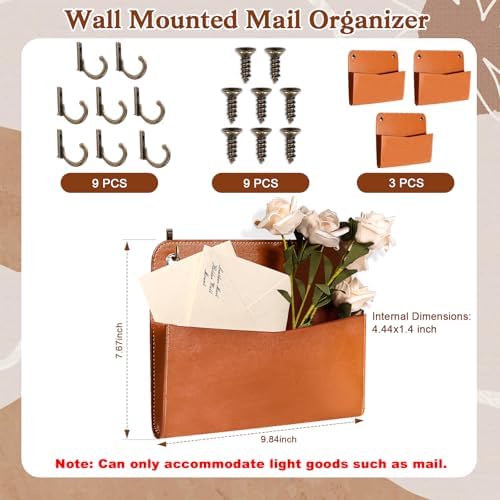 3 Pcs PU Leather Mail Holder Wall Mount 9.8x7.7 Inch Brown Letter Holder Vintage Hanging Mail Organizer 2 Ring Bill Organizer for Wall Decor Storage Letter Postcards Bill Flowers Office Home - Image 2