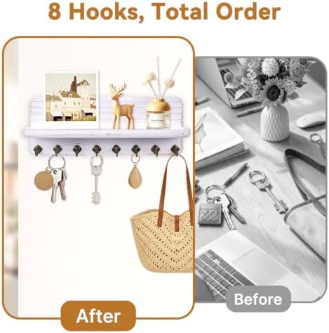 Key Holder for Wall, Mail Organizer Wall Mount with 8 Hooks Wooden Hanging Key Rack for Home Decor, Hallway, Entryway (Vintage White) - Image 3