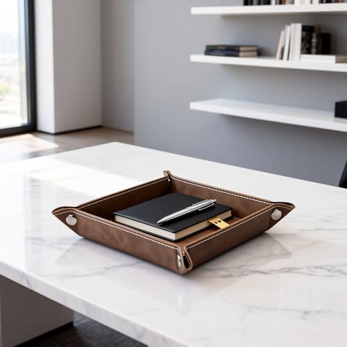 Valet Tray Desktop Storage Organizer – Vegan Leather Catchall Bedside Vanity Tray Nightstand Caddy Holder for Remote Controller, Watch, Keys, Phone, Wallet, Coin, Jewelry, Stone Brown - Image 6