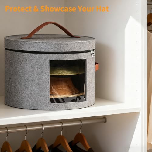 Samplife Hat Box,Hat Storage Box,Stackable Round Brim Hats Organizer Bag Container for Closet,Travel Hat Boxes for Women, Cowboy Hat Organizer, FoldableTravel Cap Boxes (01-Grey, 16.5" D x 10.5" H) - Image 3