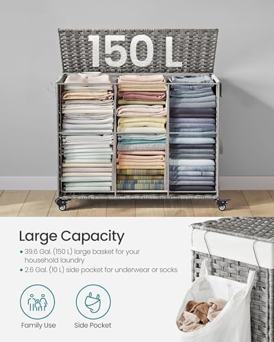 SONGMICS Rolling Laundry Hamper with Lid, 160 L 3-Section Synthetic Rattan - Image 7