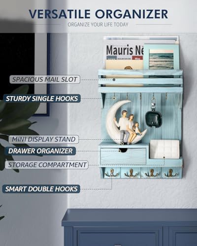 Rebee Vision Key Holder Wall Mount with Drawer & Shelf for Entryway, Blue - Image 5