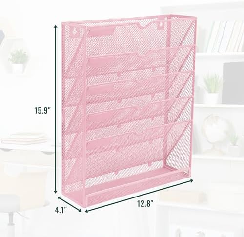 EASEPRES 6 Tier Mesh Hanging Wall File Organizer, Desk Vertical Mail Paper Document Folder Holder Rack with Bottom Tray and Nametag Label for Office Home School, Pink - Image 2