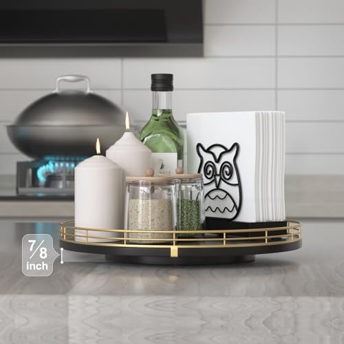 Oroyutor 12-Inch Oak Lazy Susan Spice Organizer with Gold Metal Rail - Image 2